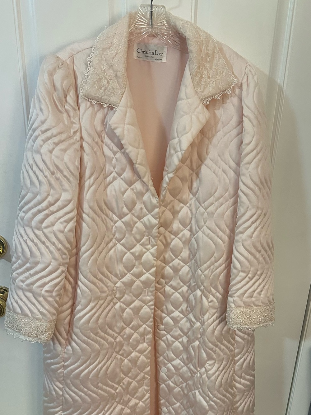 Vintage Christian Dior Quilted Satin Long Robe in Pale Pink with Lace Trim